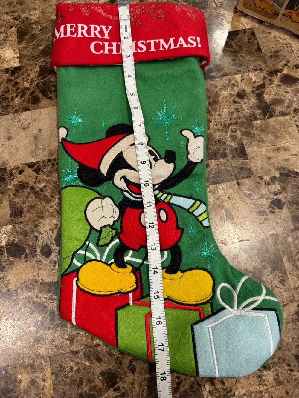 Disney Mickey Mouse Festive Green and Red Christmas Stocking